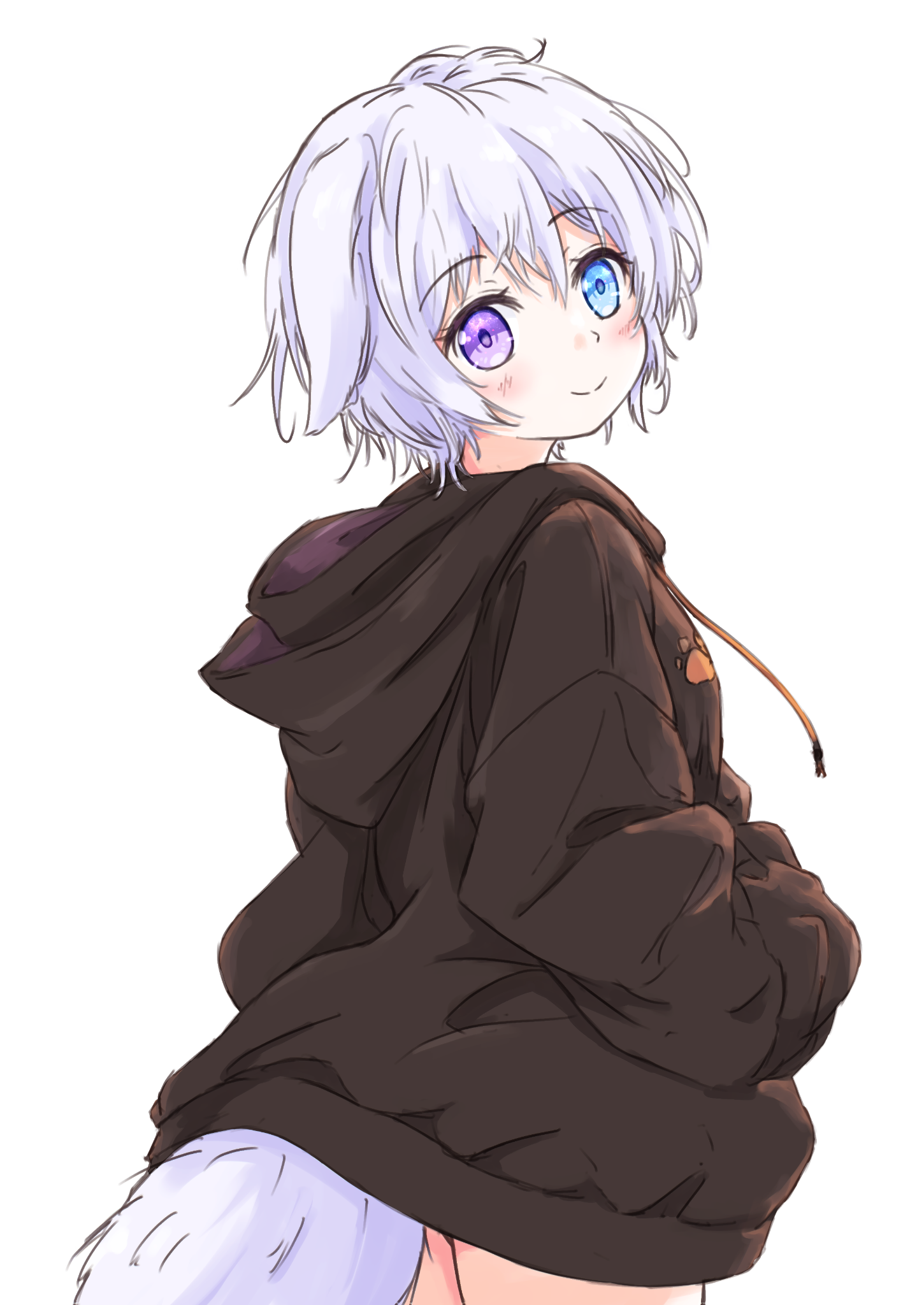 黒いハロウィンパーカーを着て振り向く、白髪とオッドアイの女の子