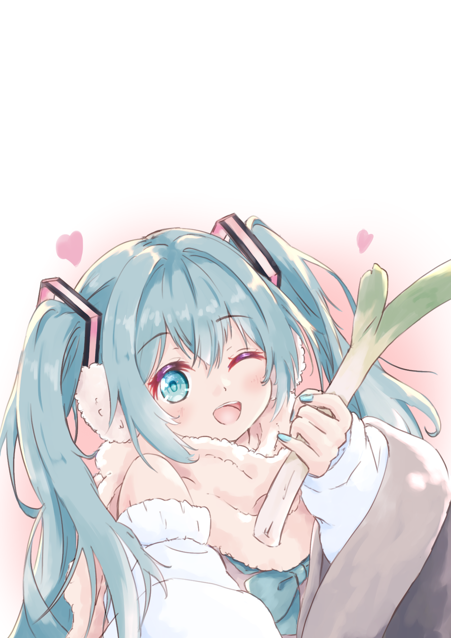 白いもこもこの服と耳当てを着け、ネギを持ってウインクする初音ミク