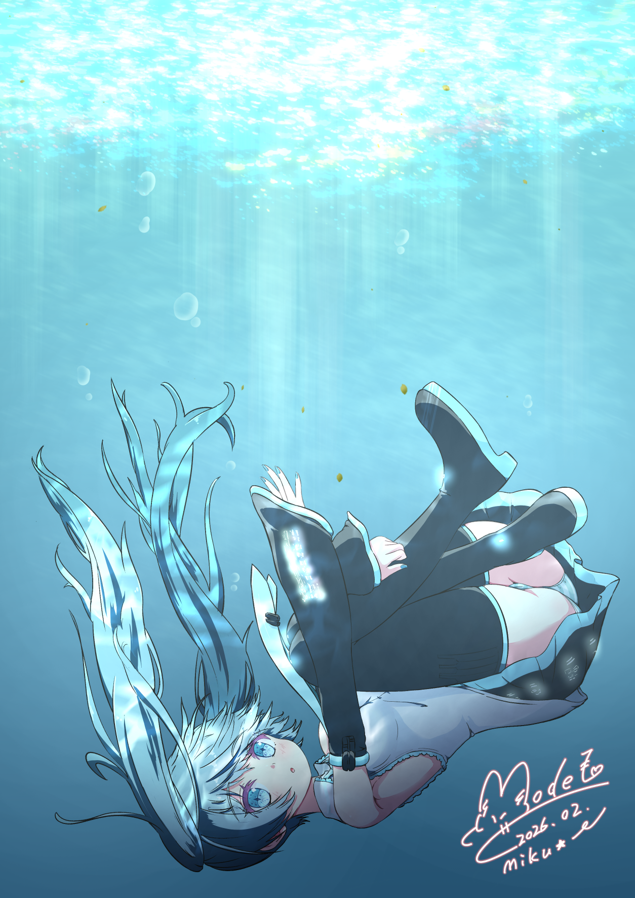 光の差し込む青い水の中で、長い髪を広げてゆらゆらと漂う初音ミク